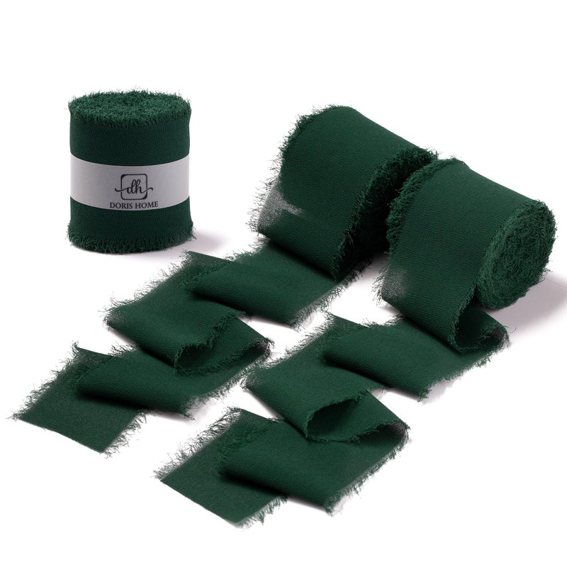 DORIS HOME Dark Green Chiffon Ribbon for Flower Bouquet, 2" x21Yd Fabric Ribbon for Gift Wrapping, Handmade Frayed Ribbon for Wedding/Christmas Decorations - Image 1